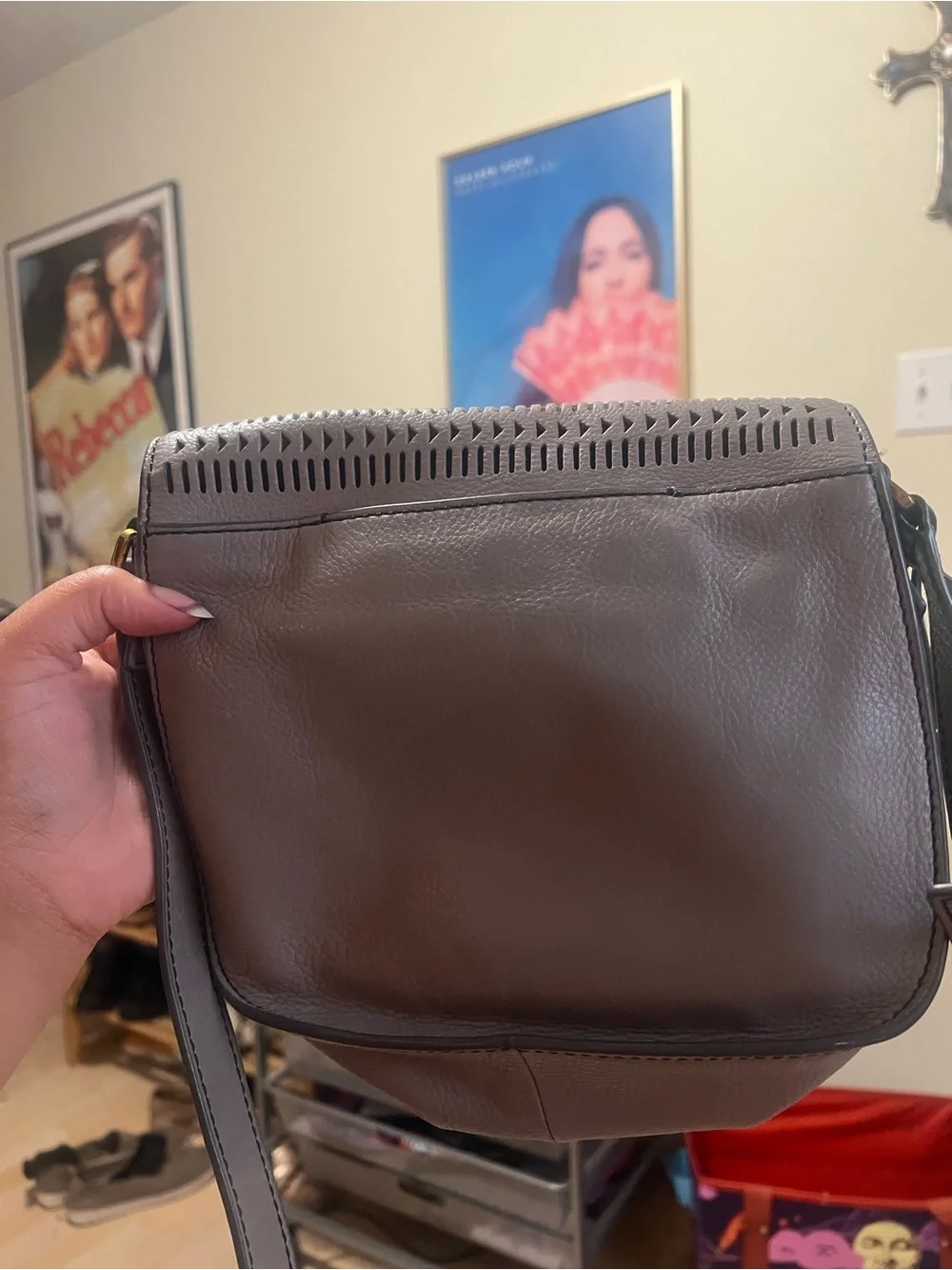 Fossil Gray Leather Perforated Flap Crossbody with Gold-Tone Lock